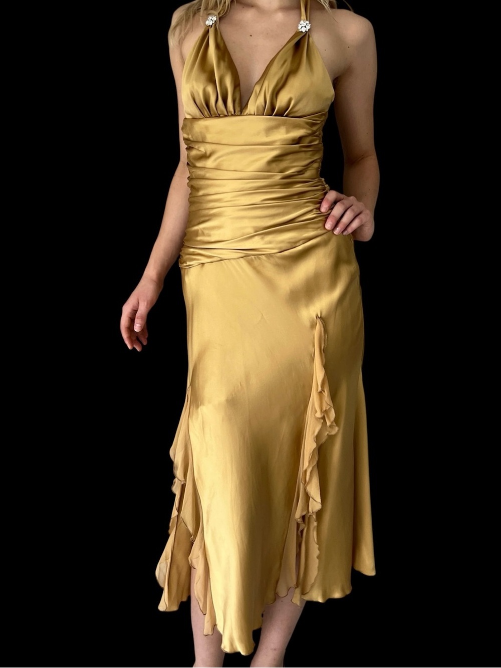 Vintage Y2K Cache Gold 100% Silk Chiffon Ruffle Tie Back Halter Dress Size 8 - Picture 3 of 9
